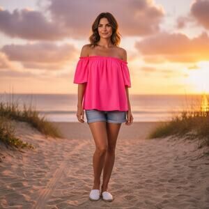 Jude Connally Off Shoulder Top Pink Neon Stretch Blouse Size S NWOT